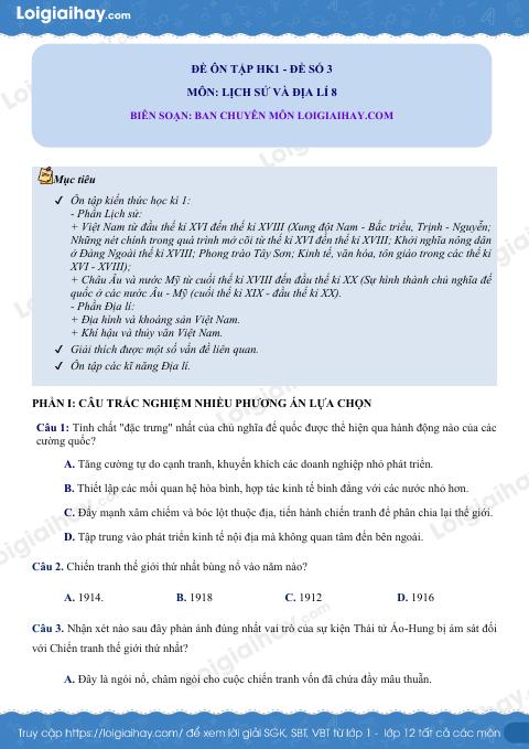 Đề kiểm tra học kì 1 Lịch sử và Địa lí 8 - Đề số 3